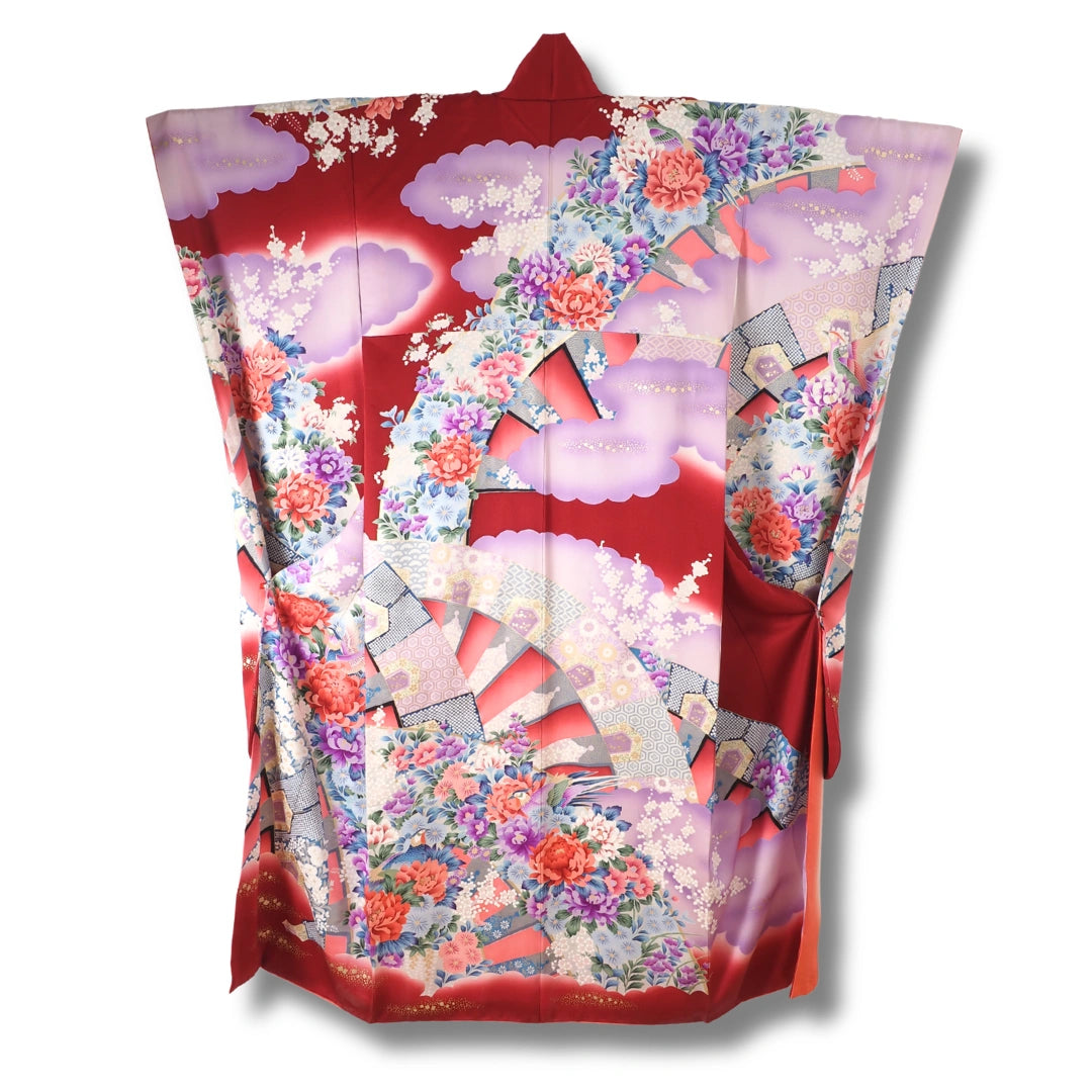 Vintage Damen Furisode Kimono rot lila mit Blumen