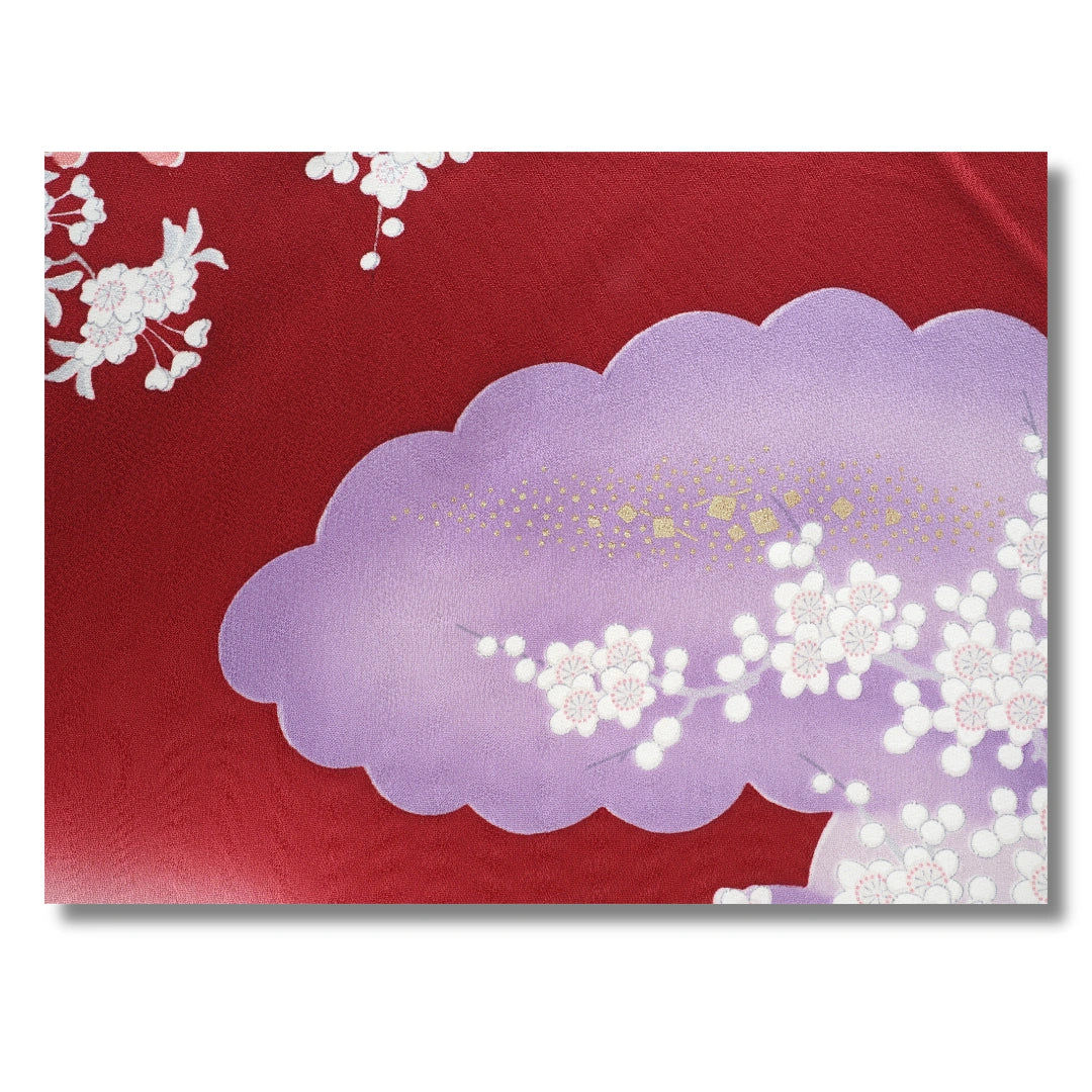 Vintage Damen Furisode Kimono rot lila mit Blumen