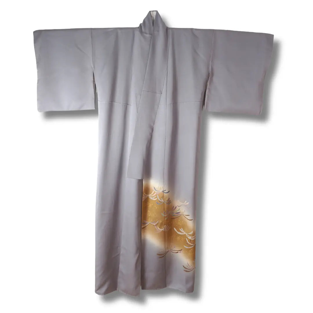 Vintage Damen Hōmongi Kimono in Grau mit Blattmotiv