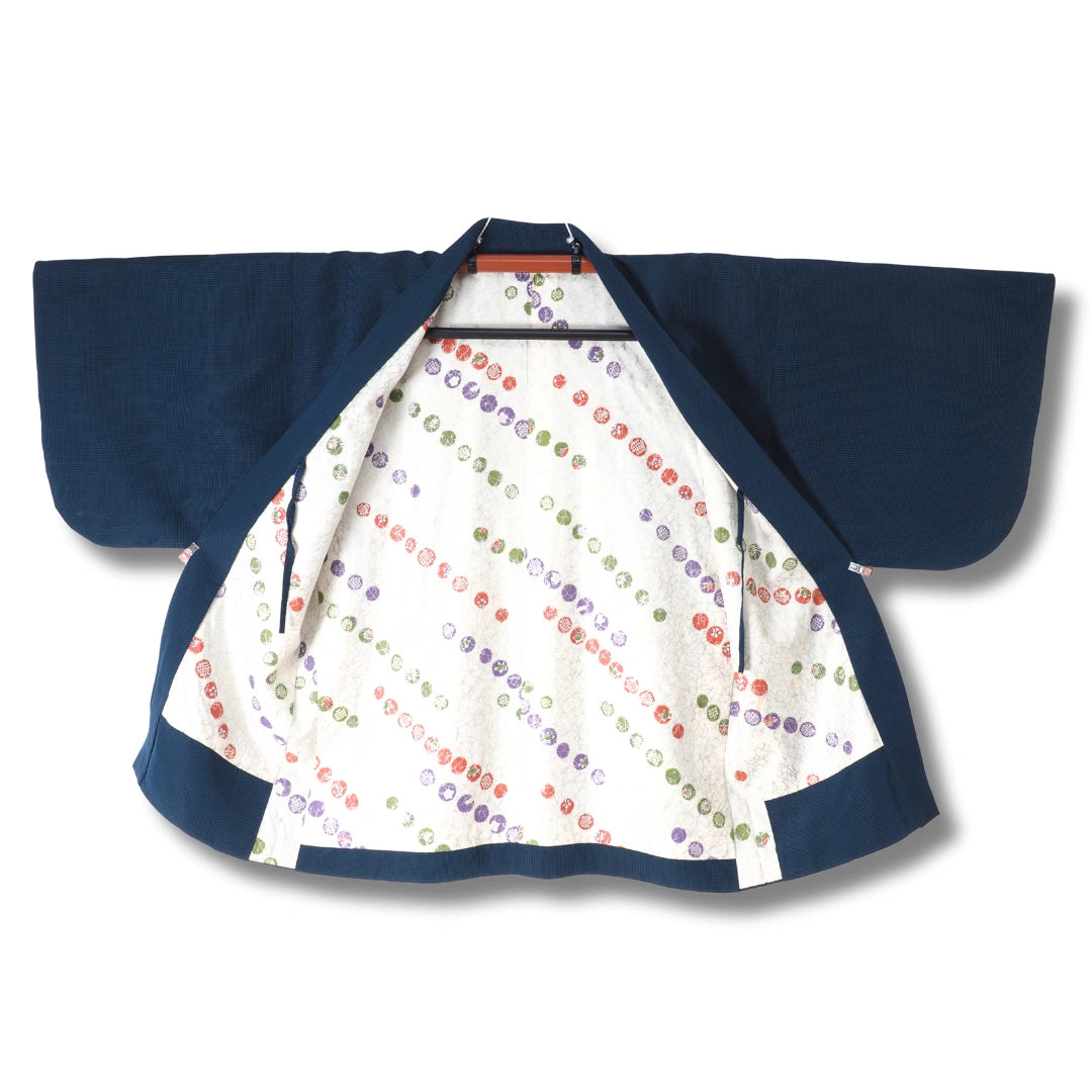 Vintage Damen Haori blau kariert mit Muster Innenseite