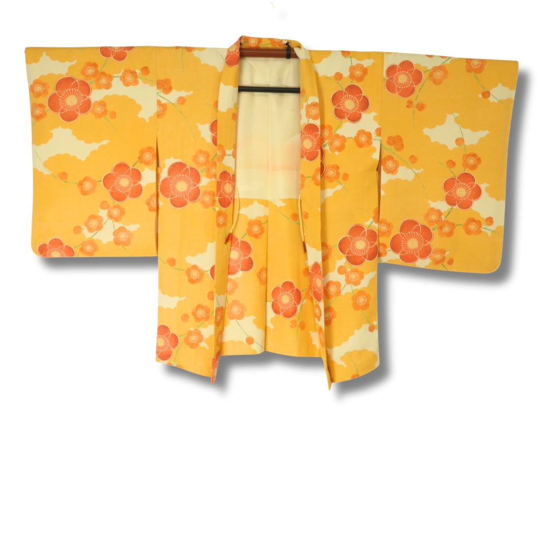 Vintage Damen Haori gelb mit Blumen inkl. Haori Himo