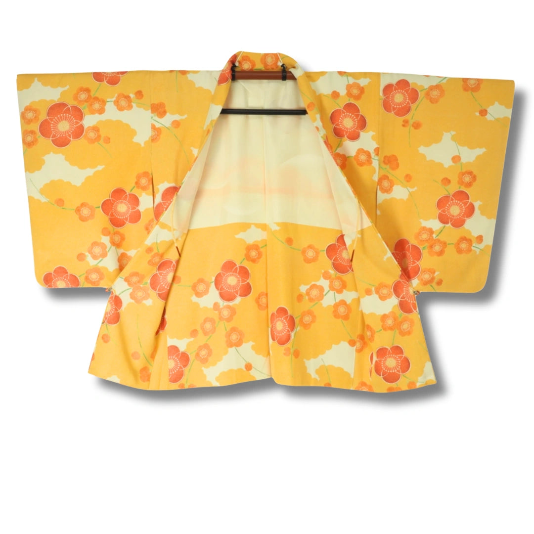 Vintage Damen Haori gelb mit Blumen inkl. Haori Himo