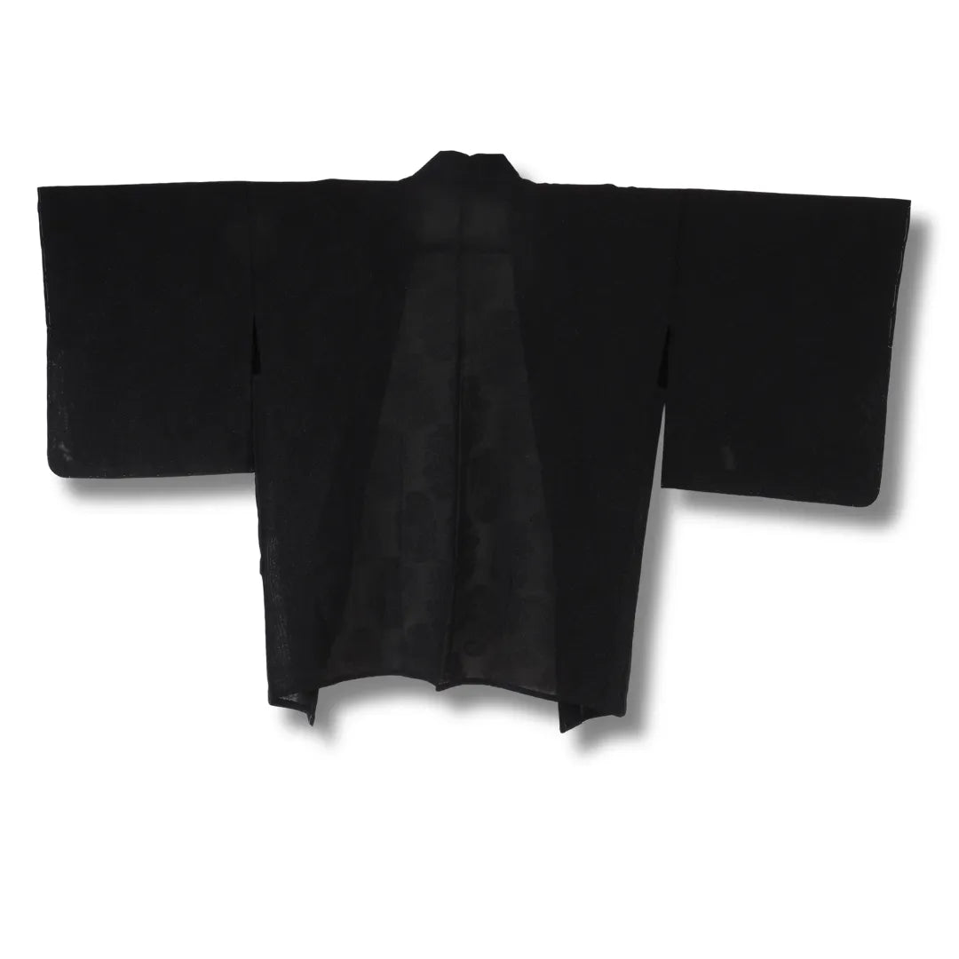 Vintage Damen Haori in transparentem Schwarz mit Glitzerfäden, Frontansicht