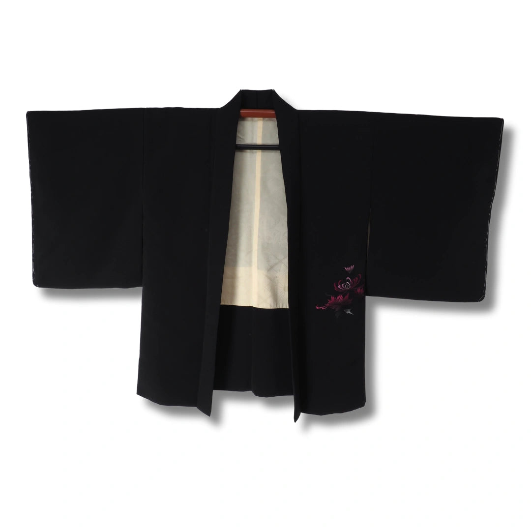Vintage Damen Haori Schwarz mit lila Blumen