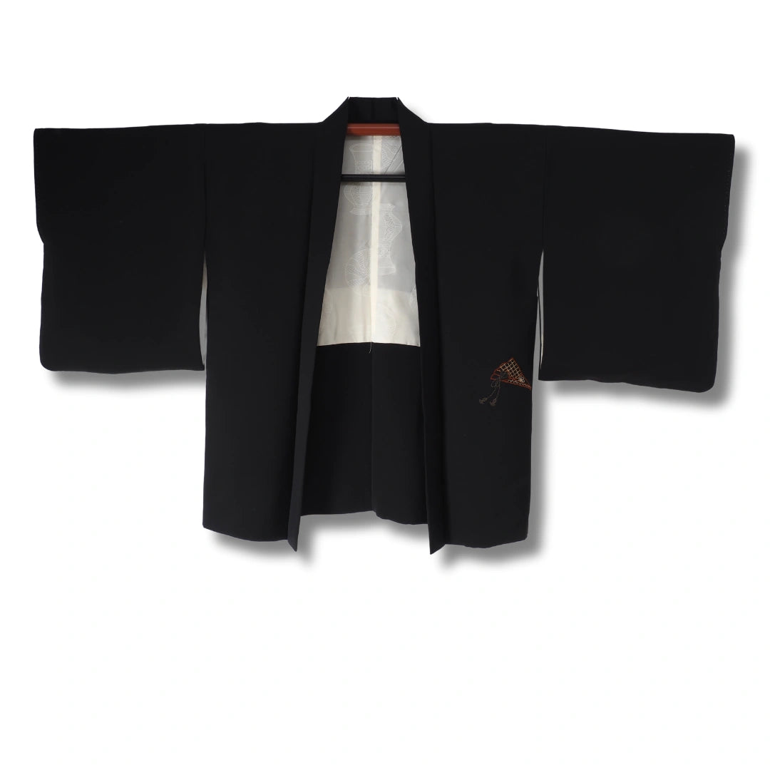 Vintage Damen Haori schwarz mit Trommelmuster + Haori Himo