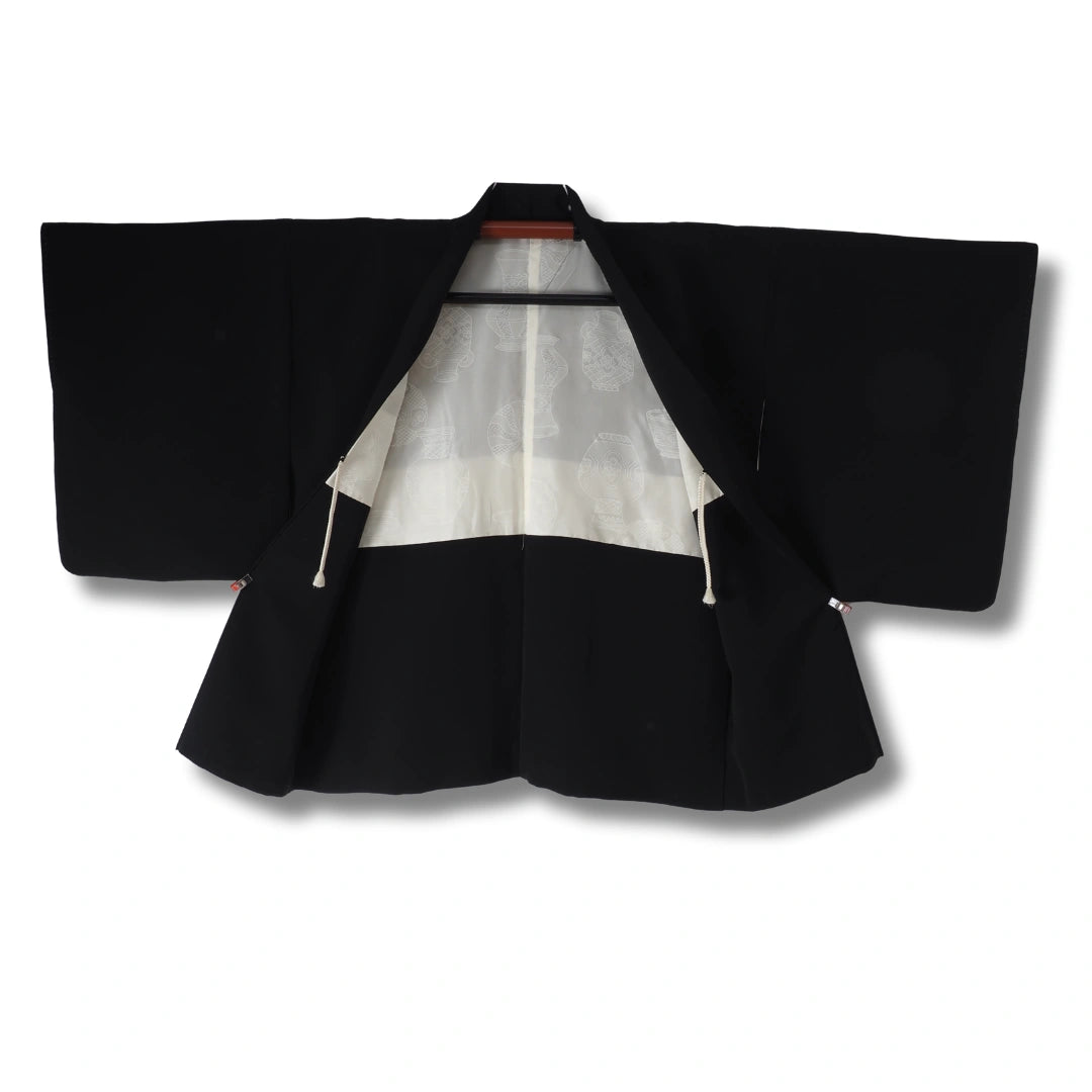 Vintage Damen Haori schwarz mit Trommelmuster + Haori Himo