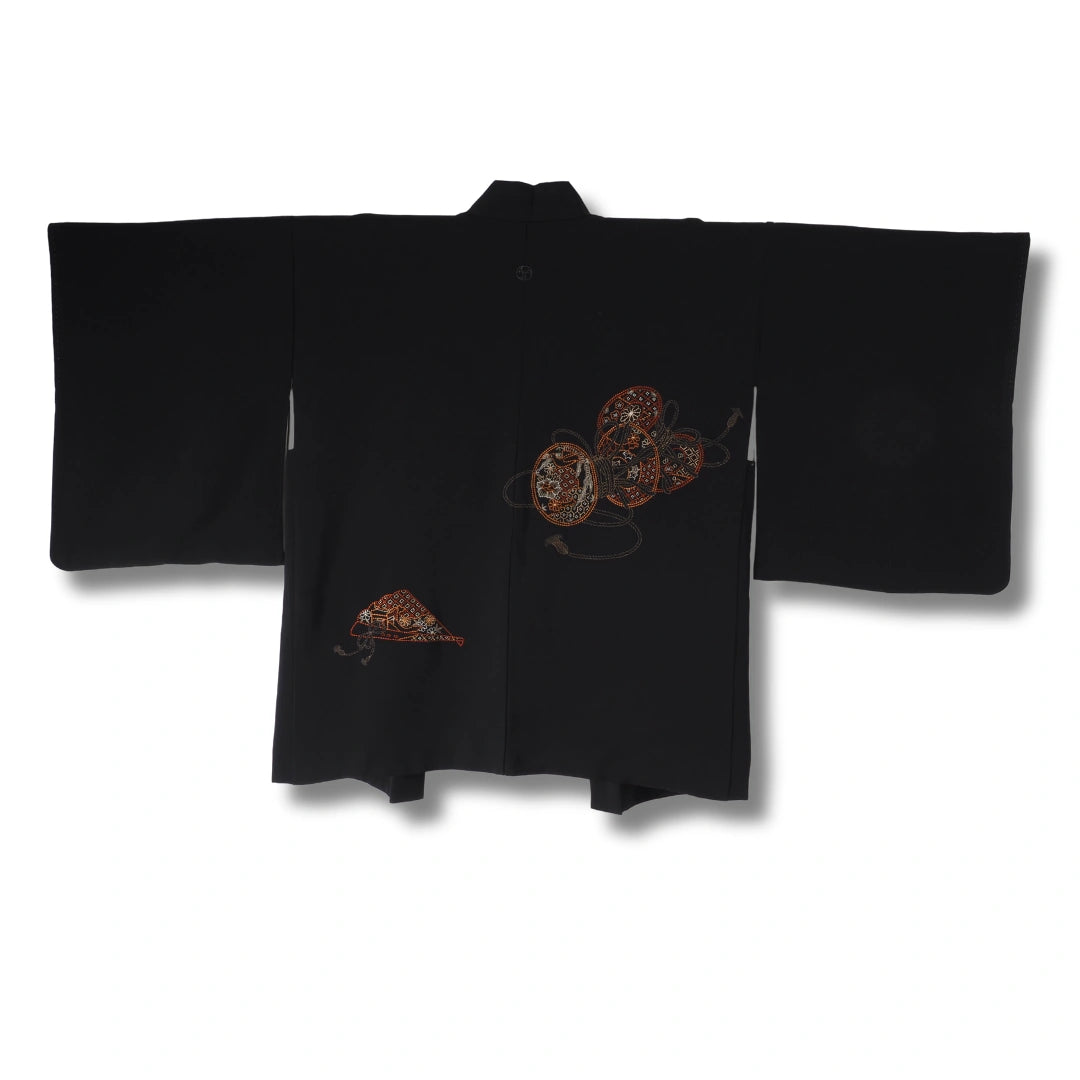 Vintage Damen Haori schwarz mit Trommelmuster + Haori Himo