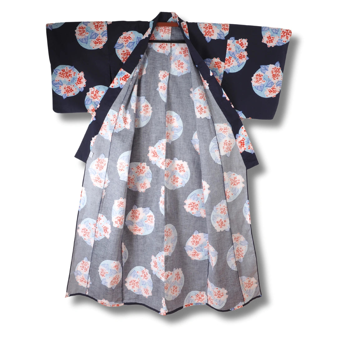 Vintage Damen Yukata Dunkelblau mit Blumen