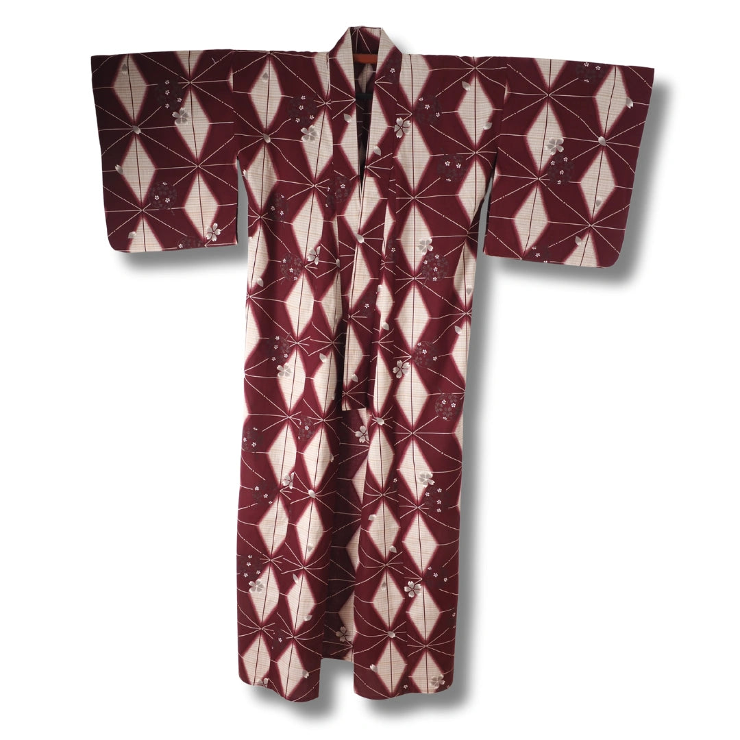 Vintage Damen Yukata dunkelrot creme mit Glitzer
