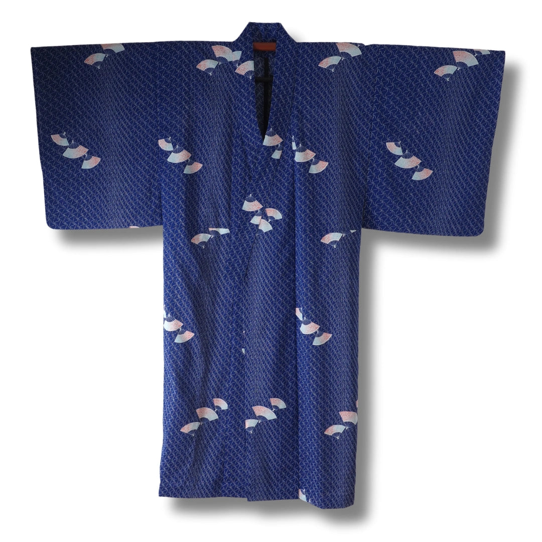 Vintage Komon Sommer Kimono blau mit Fächern
