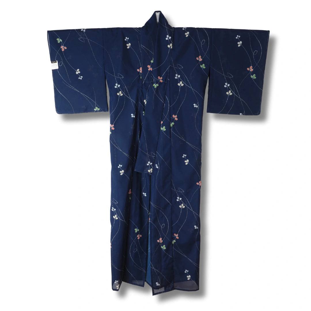 Vintage Sommer Komon Kimono Dunkelblau mit Blüten