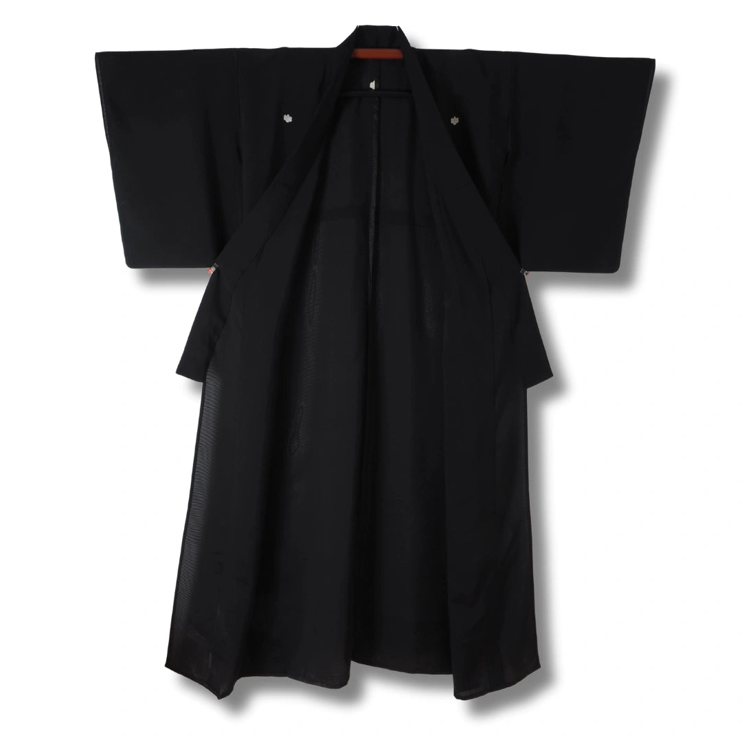 Vintage Damen Sommer-Mofuku Kimono in schwarz mit 5 Kamon