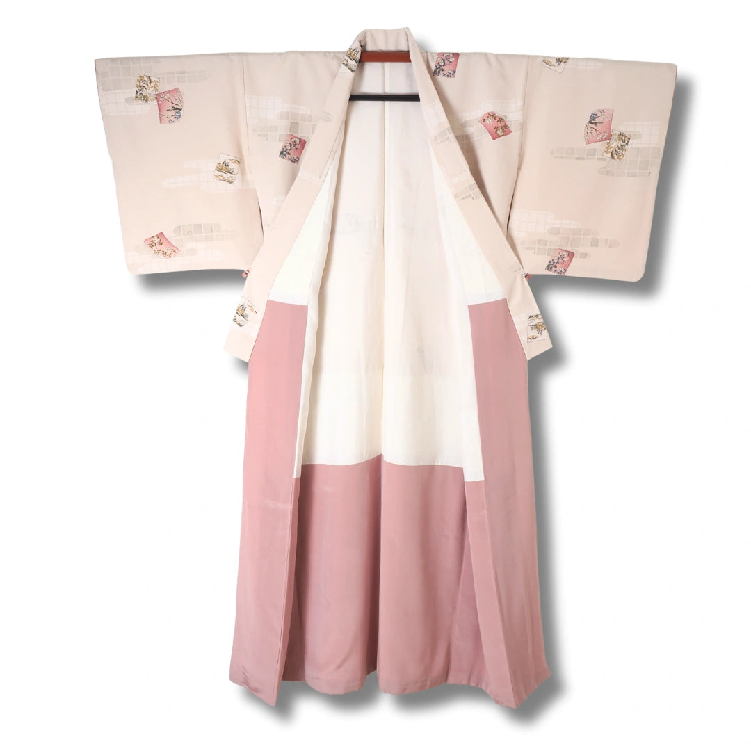 Vintage Damen Komon Kimono altrosa mit Blumen