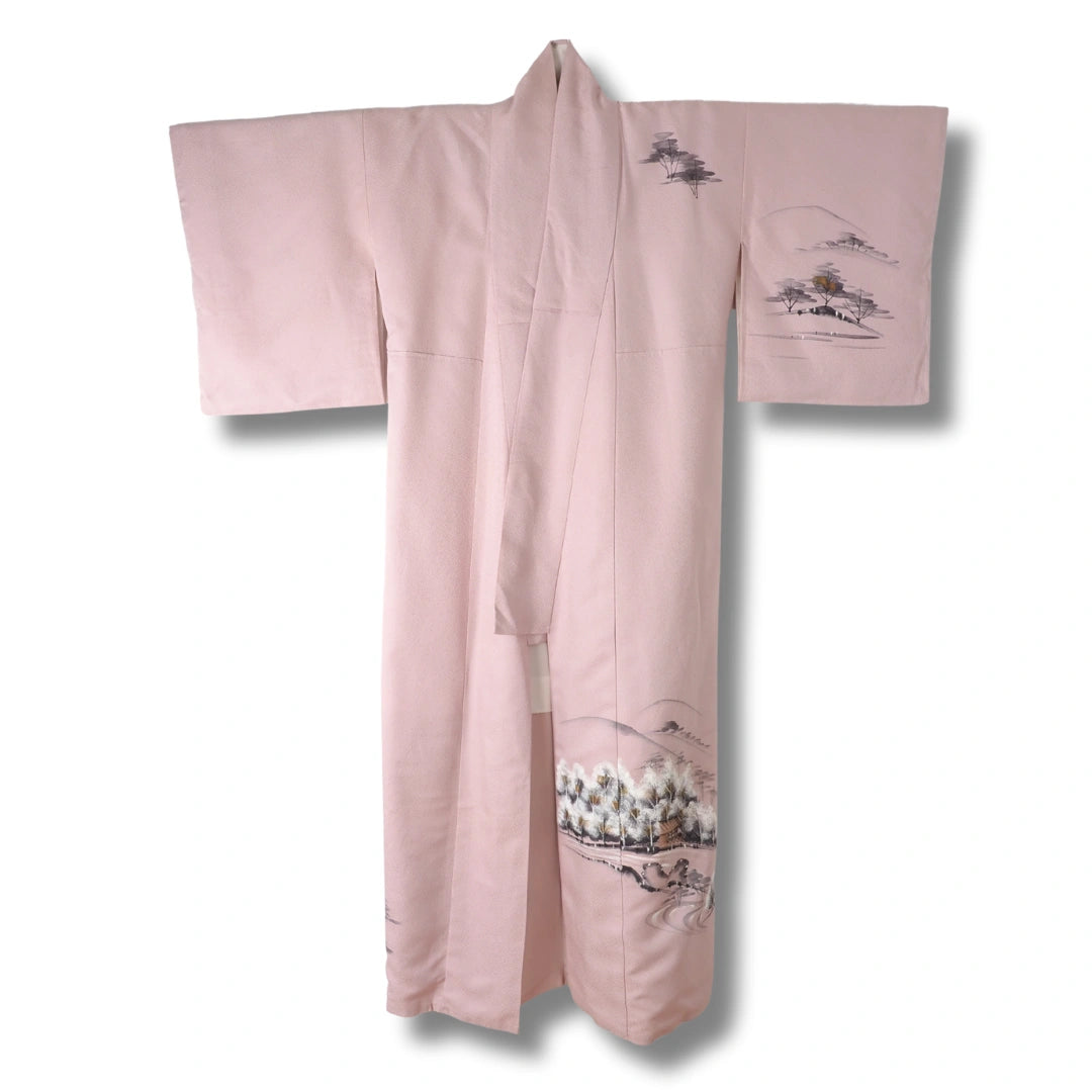 Vintage Houmongi-Tsukesage Damen Kimono in Altrosa mit Bäumen