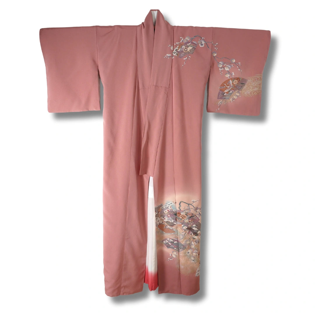 Vintage Damen Homongi Kimono altrosa mit Fächer Motiv