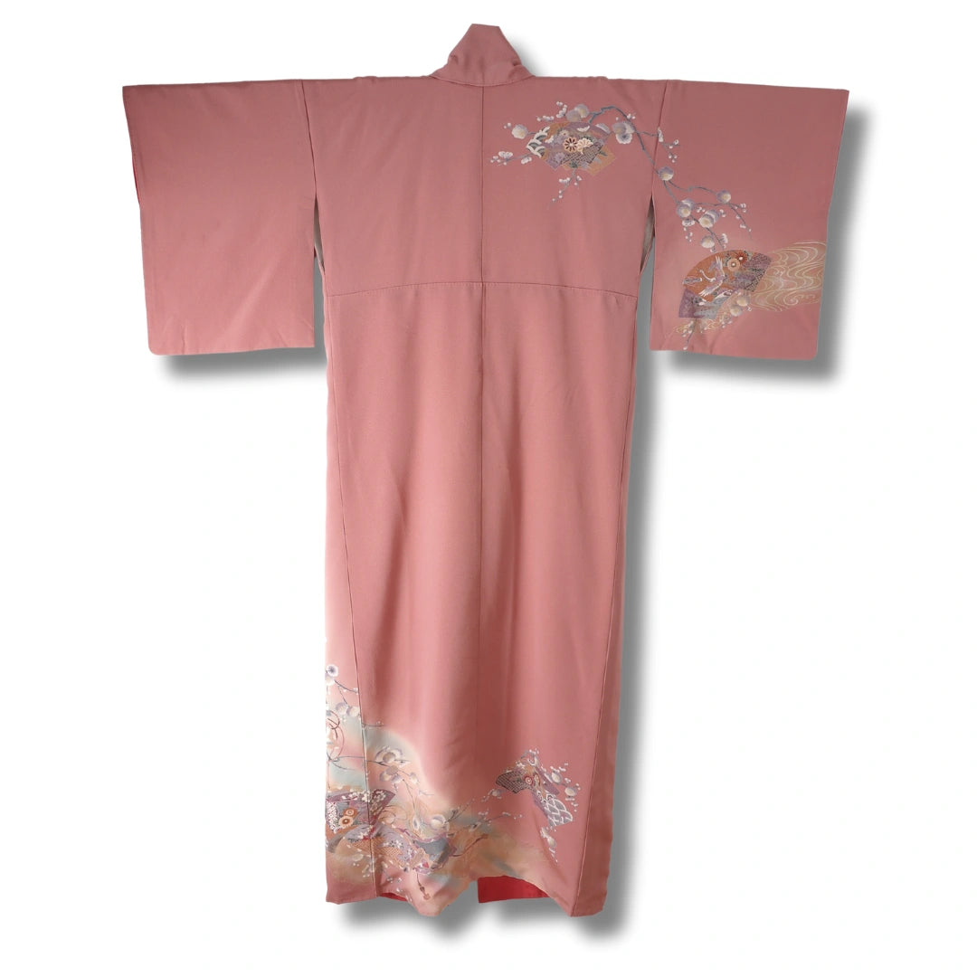 Vintage Damen Homongi Kimono altrosa mit Fächer Motiv