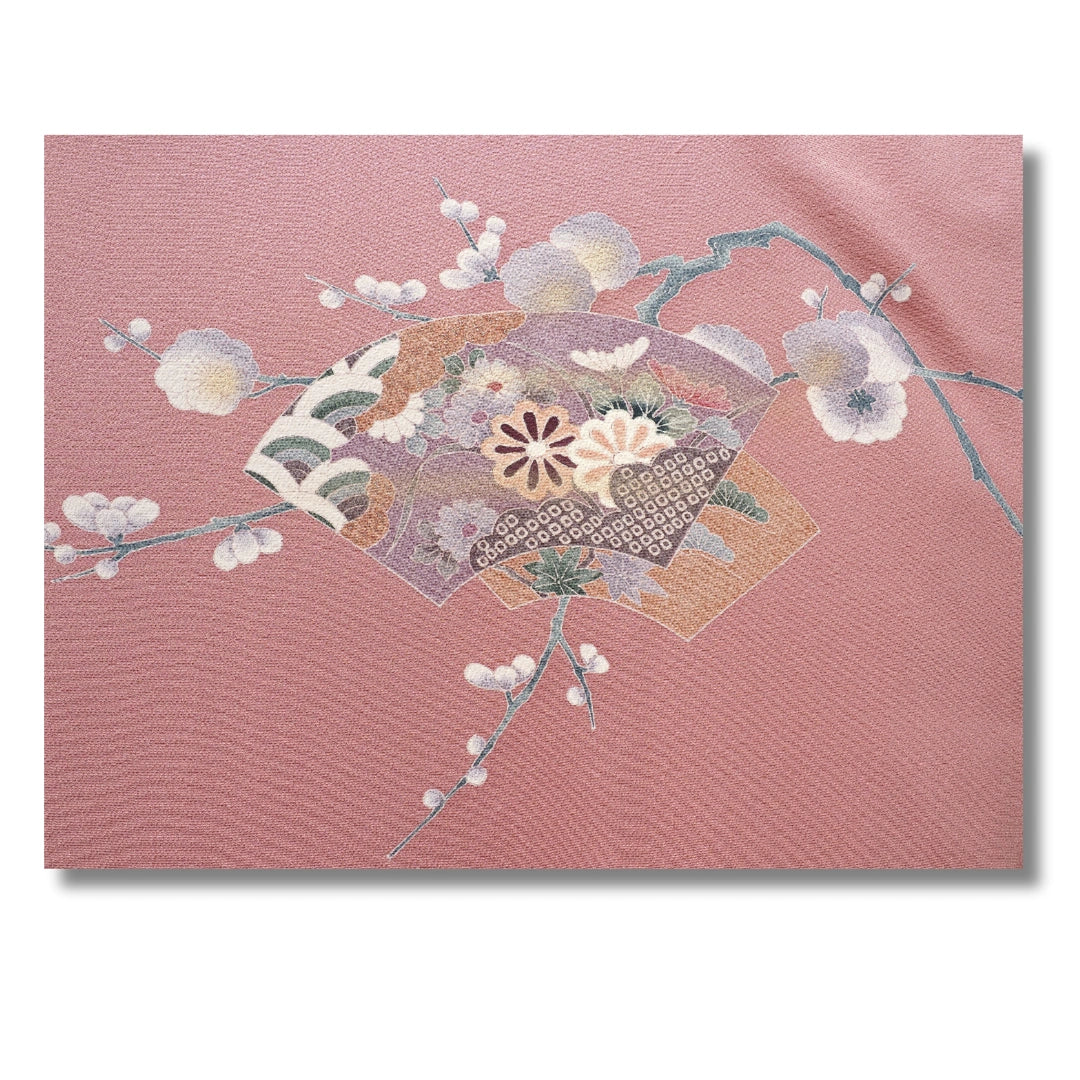 Vintage Damen Homongi Kimono altrosa mit Fächer Motiv