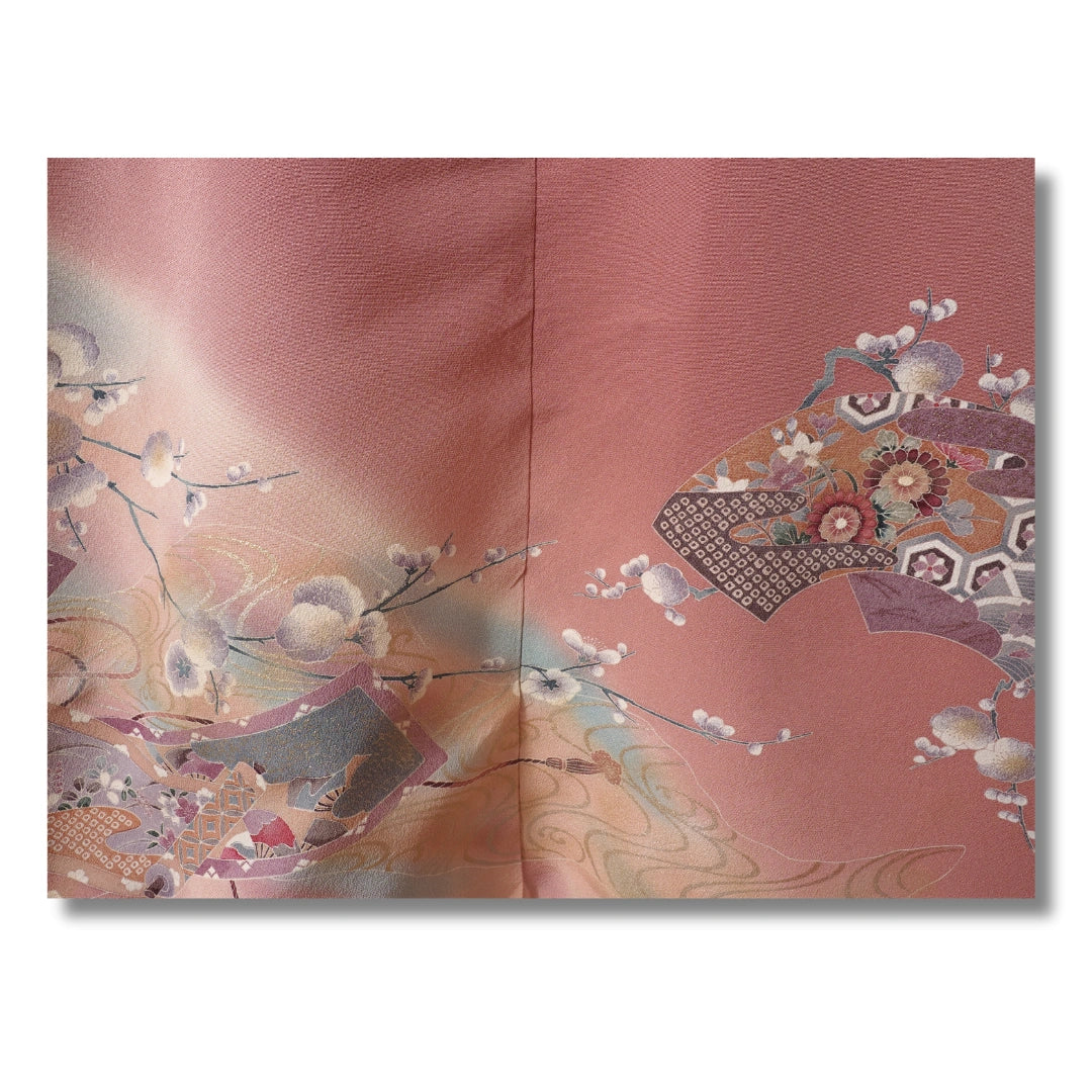 Vintage Damen Homongi Kimono altrosa mit Fächer Motiv