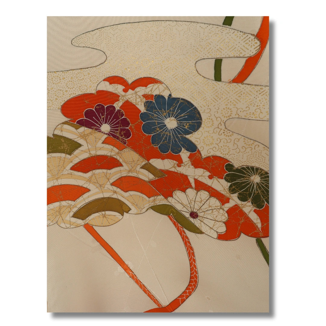 Vintage Damen Houmongi Kimono Beige mit Blumen