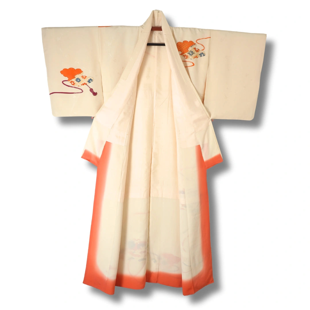 Vintage Damen Houmongi Kimono Beige mit Blumen