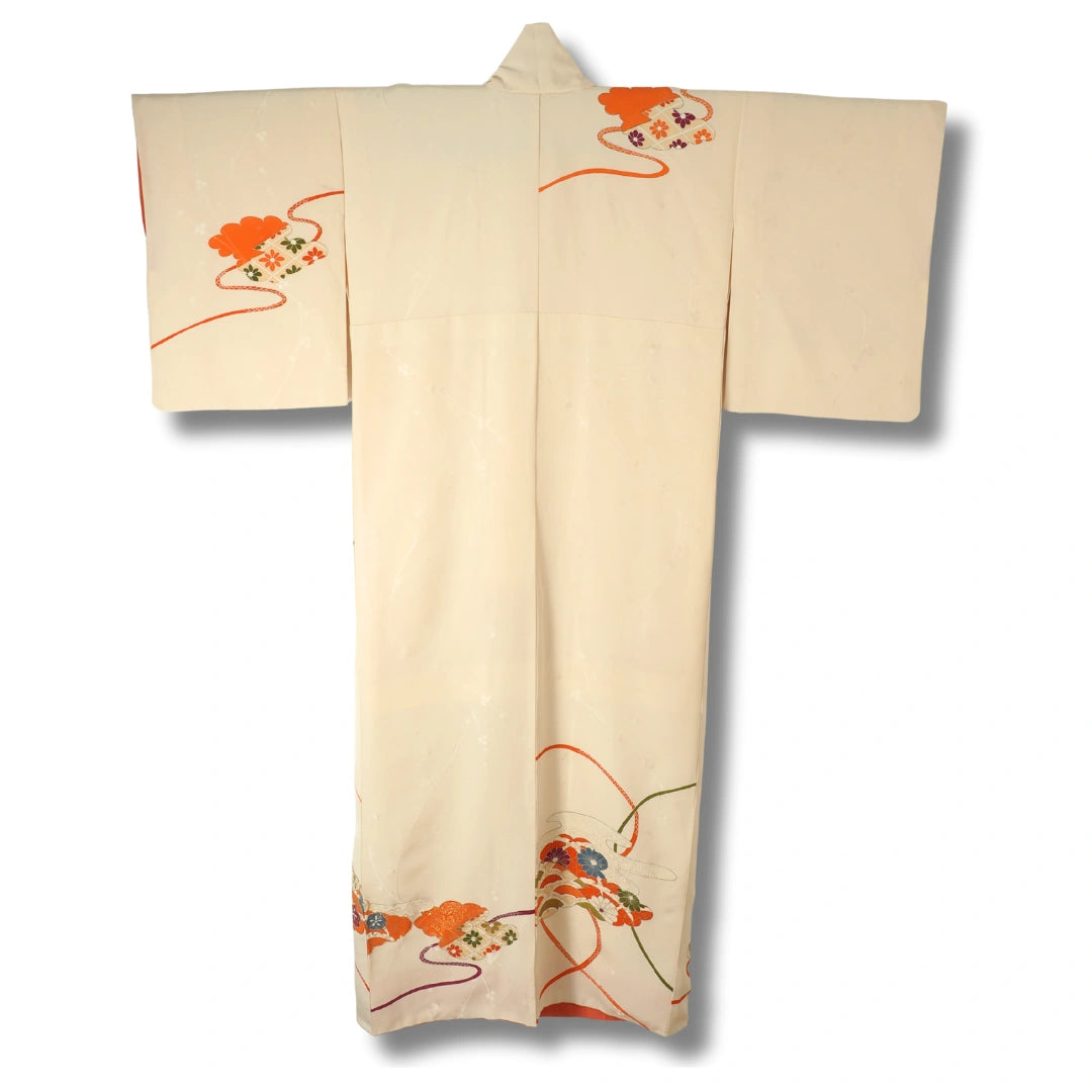 Vintage Damen Houmongi Kimono Beige mit Blumen