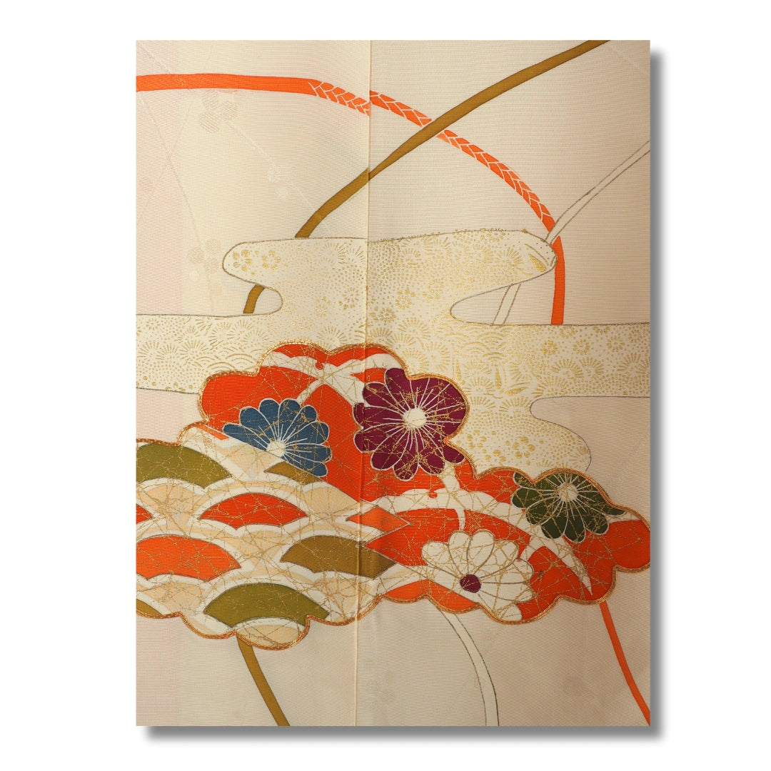 Vintage Damen Houmongi Kimono Beige mit Blumen