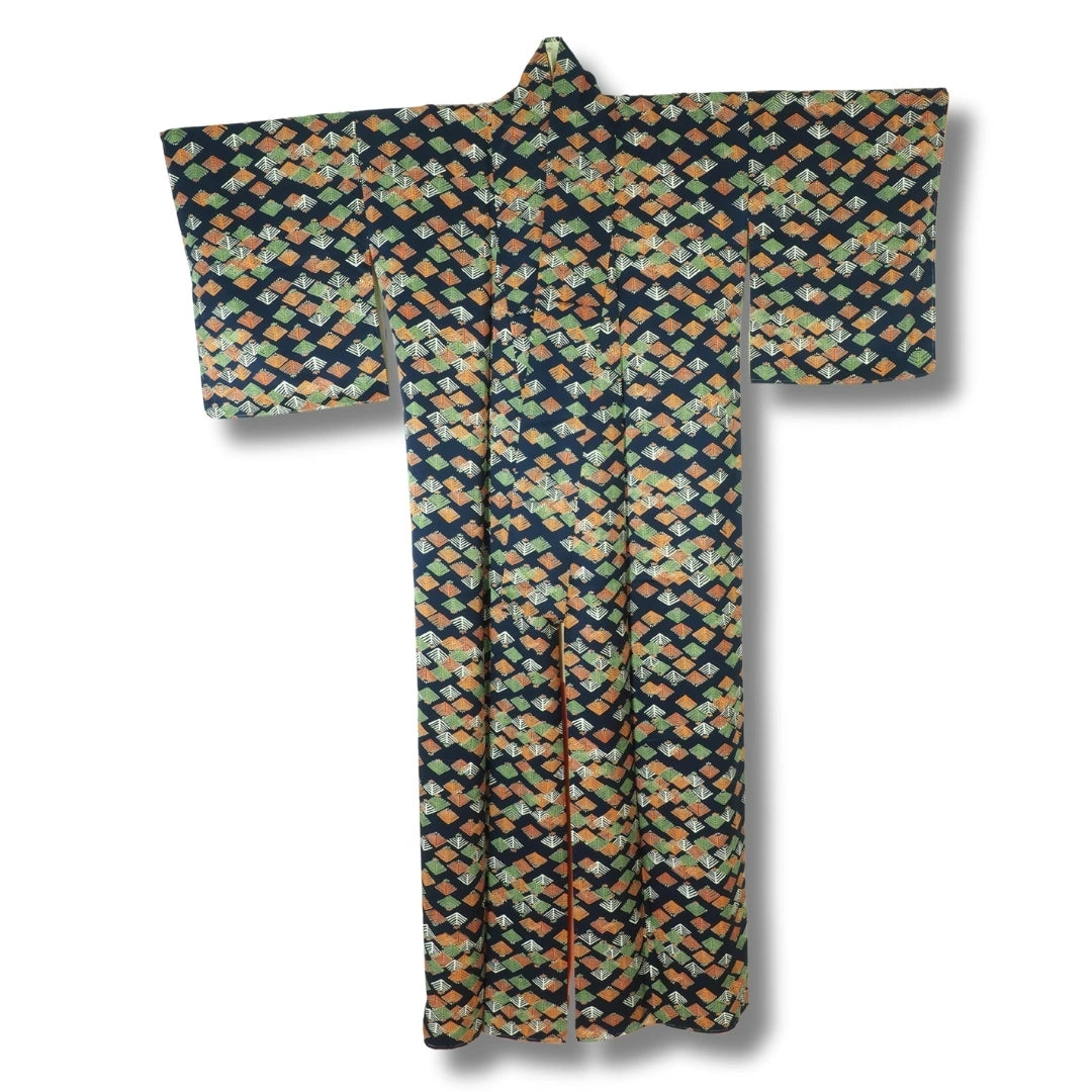 Vintage Damen Komon Kimono – Dunkelblau Kiefernzweige