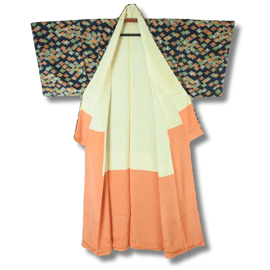 Vintage Damen Komon Kimono – Dunkelblau Kiefernzweige