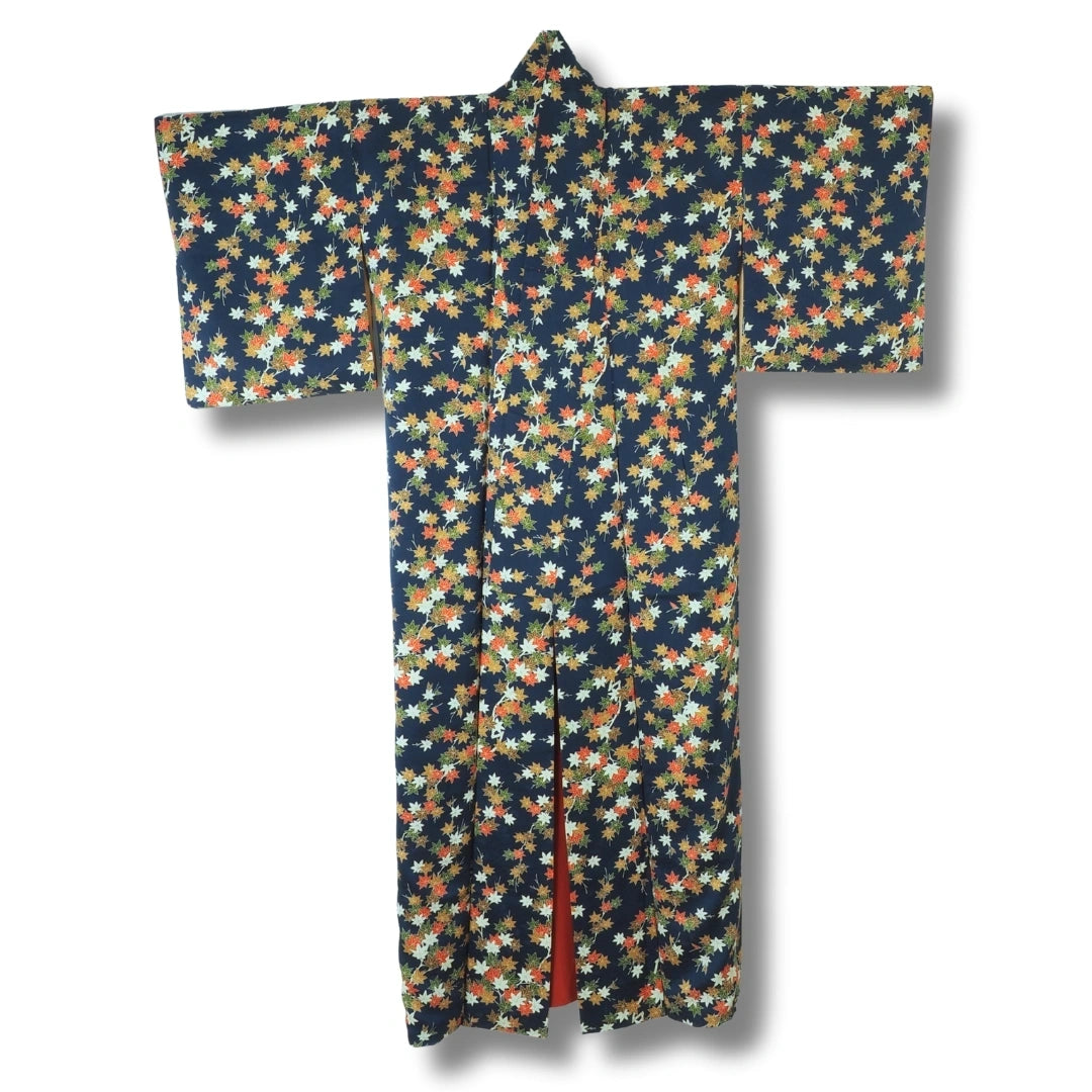 Vintage Damen Komon Kimono Blau mit Ahornblättern 