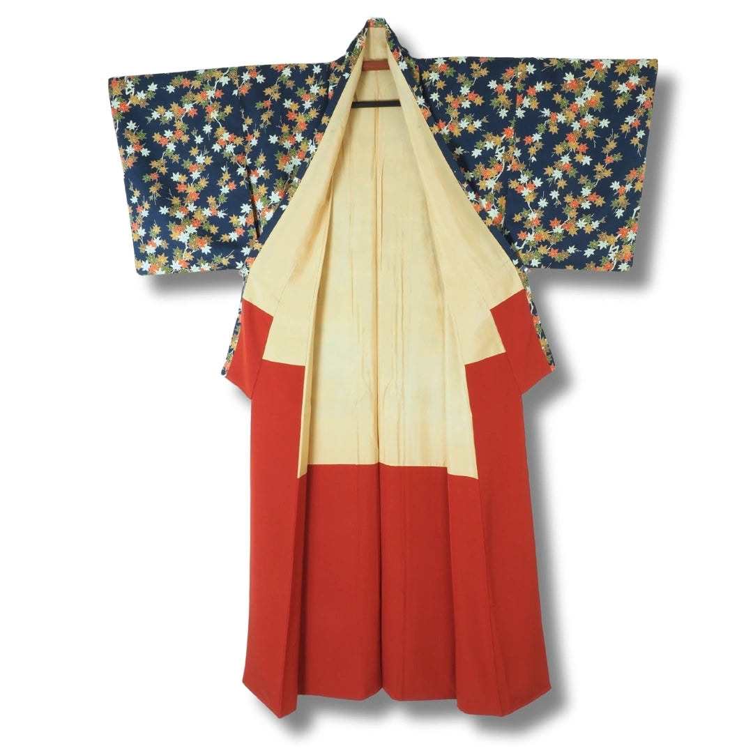Vintage Damen Komon Kimono Blau mit Ahornblättern 
