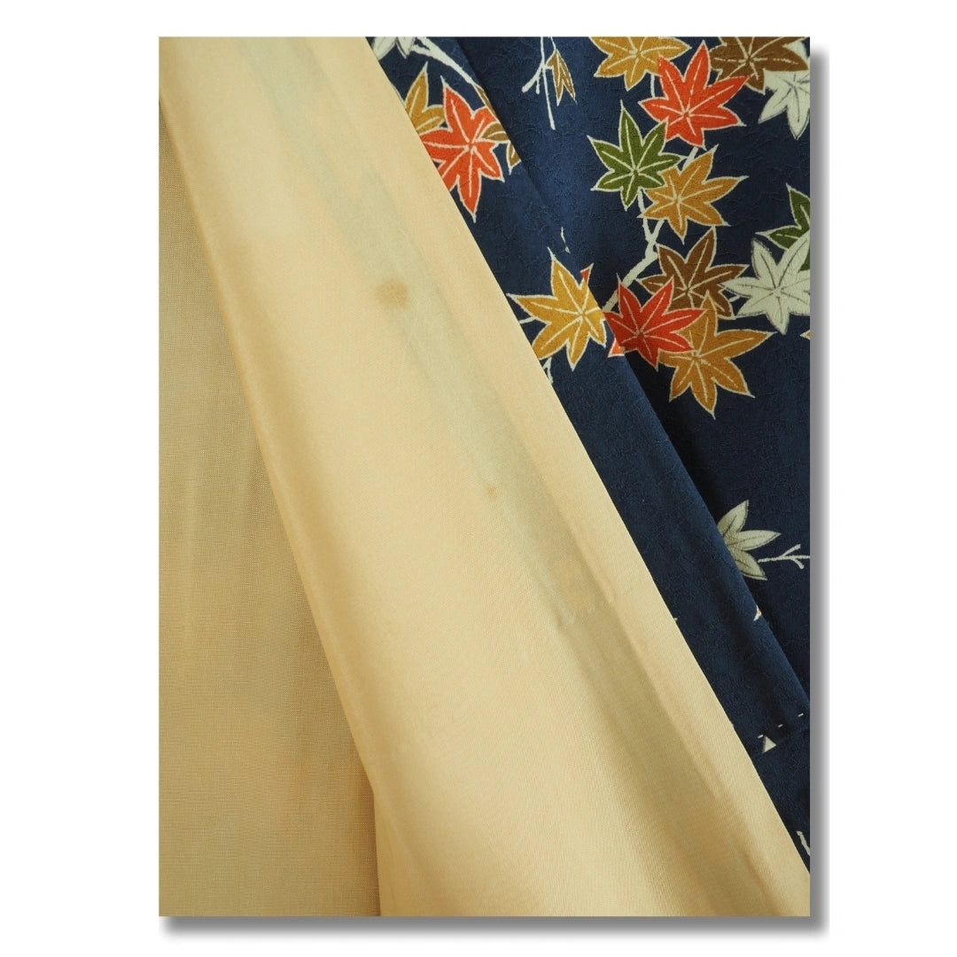Vintage Damen Komon Kimono Blau mit Ahornblättern 