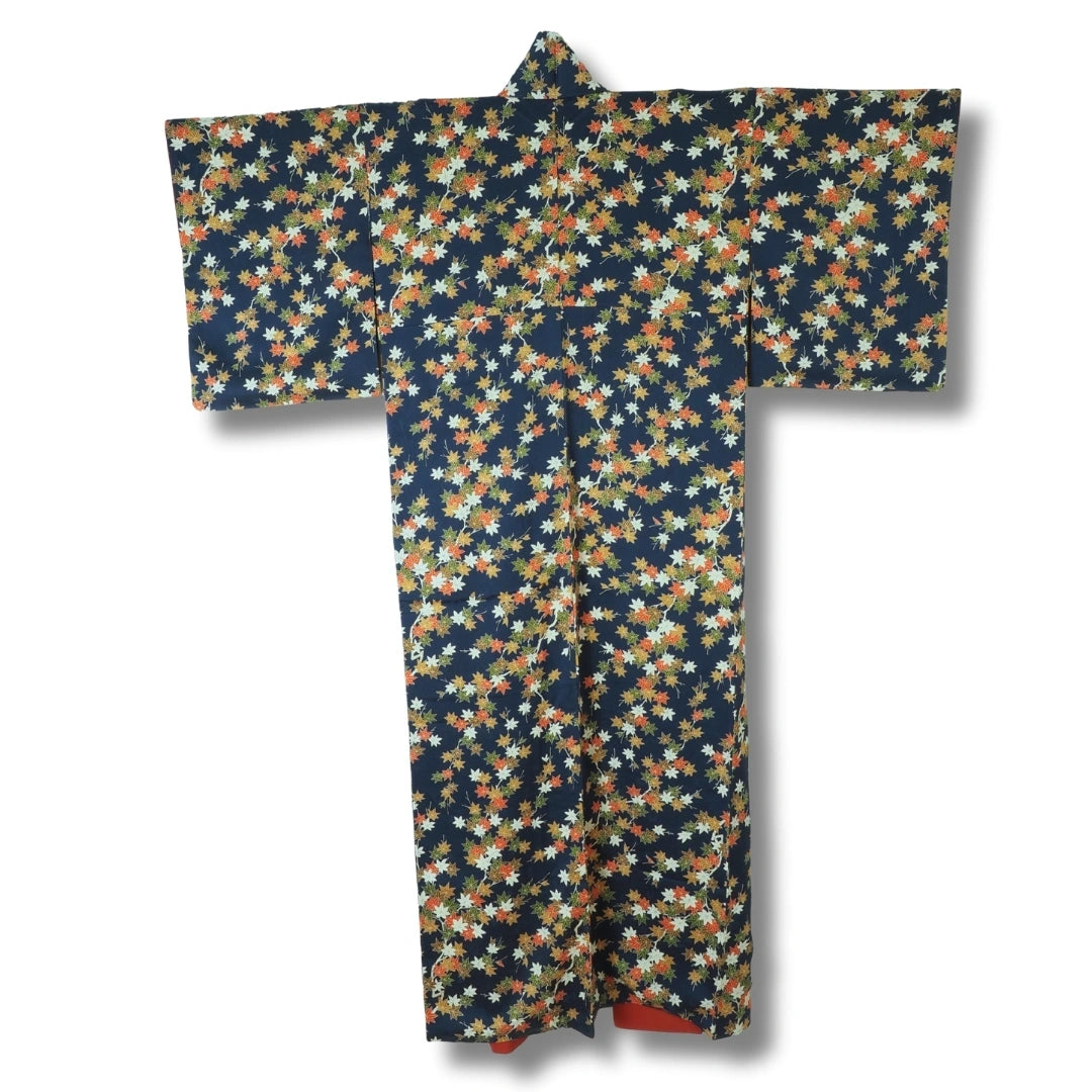 Vintage Damen Komon Kimono Blau mit Ahornblättern 