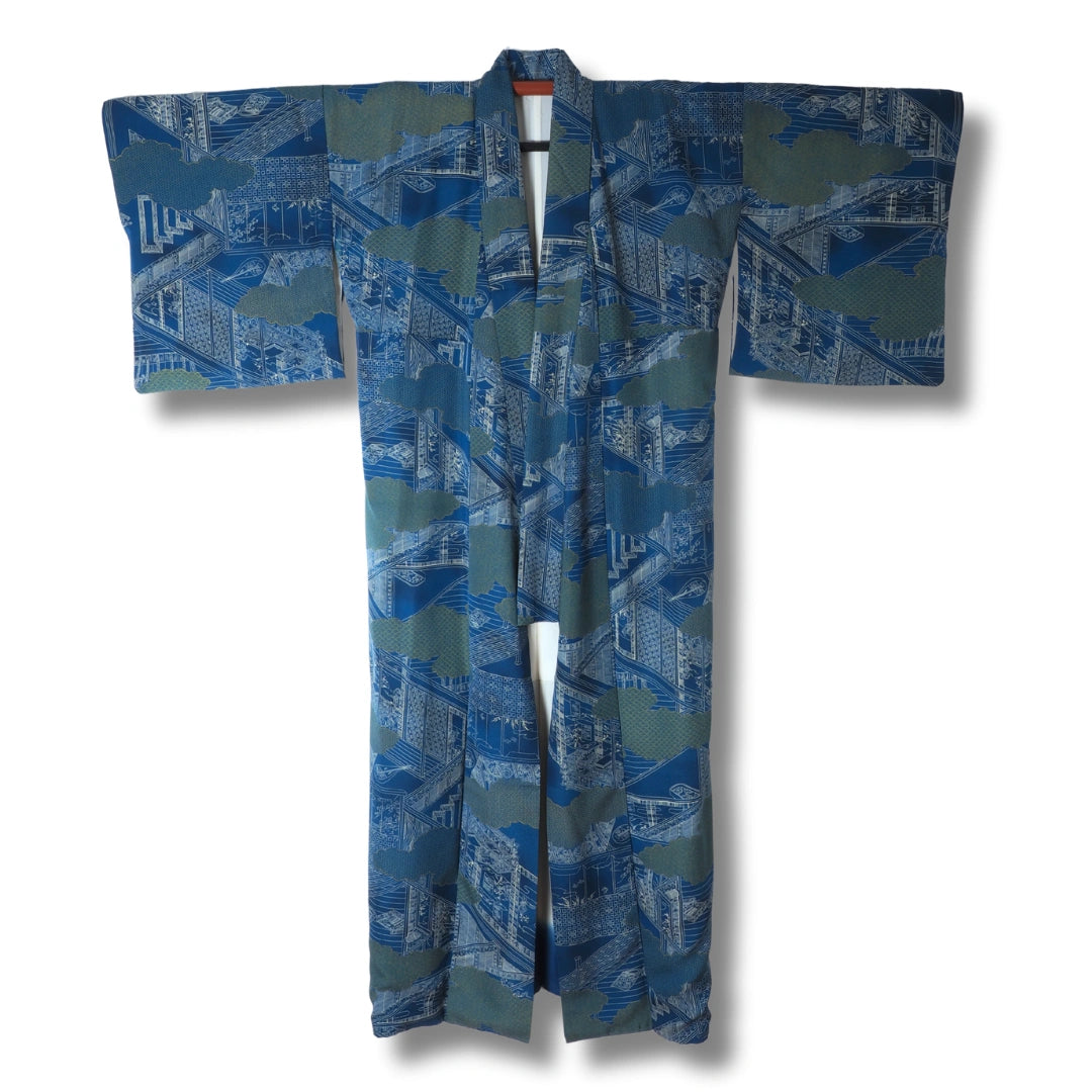 Vintage Damen Komon Kimono blau mit weißem Muster