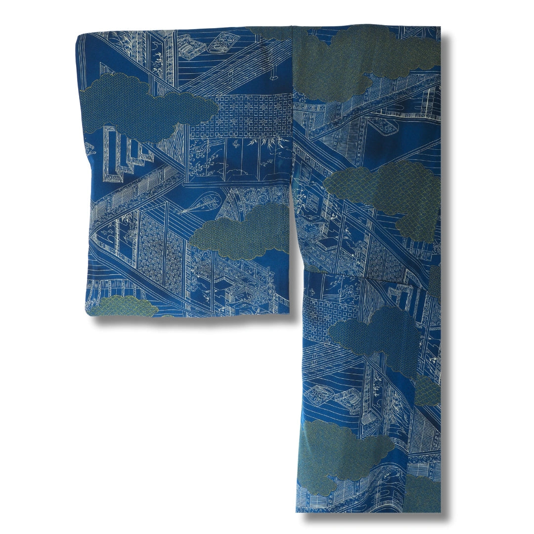 Vintage Damen Komon Kimono blau mit weißem Muster