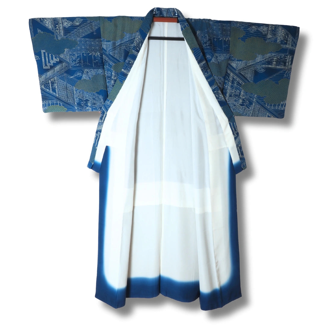 Vintage Damen Komon Kimono blau mit weißem Muster