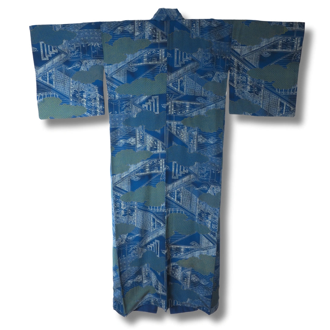 Vintage Damen Komon Kimono blau mit weißem Muster