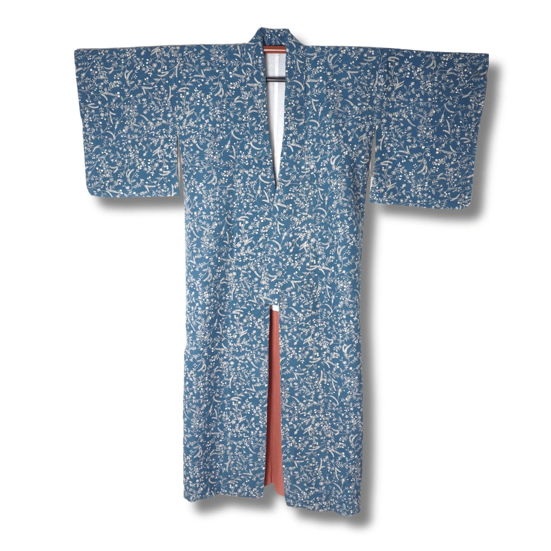 Vintage Komon Kimono blau mit weißen Blumen