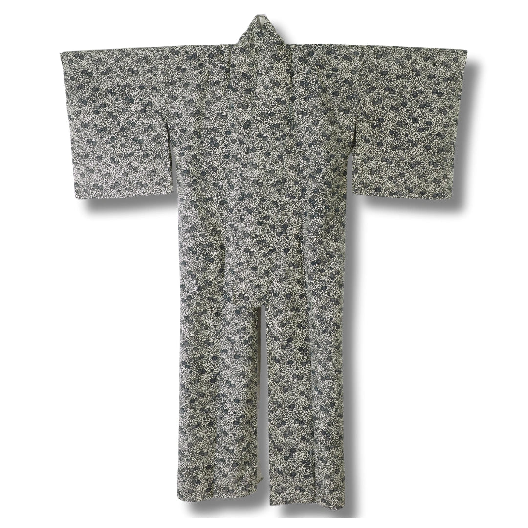 Vintage Damen Komon Kimono blau-weiß mit Blumen