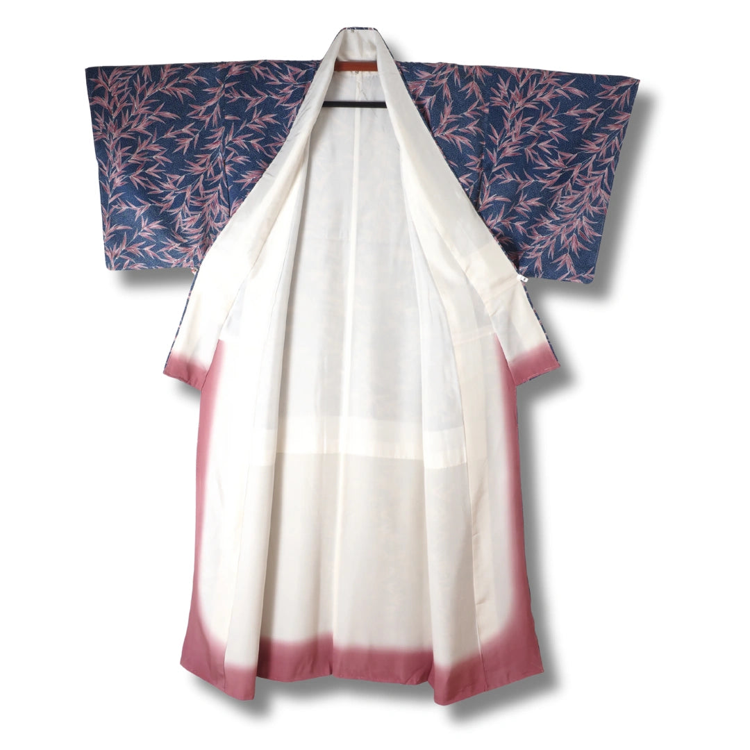 Vintage Damen Komon Kimono Dunkelblau mit Blattmuster