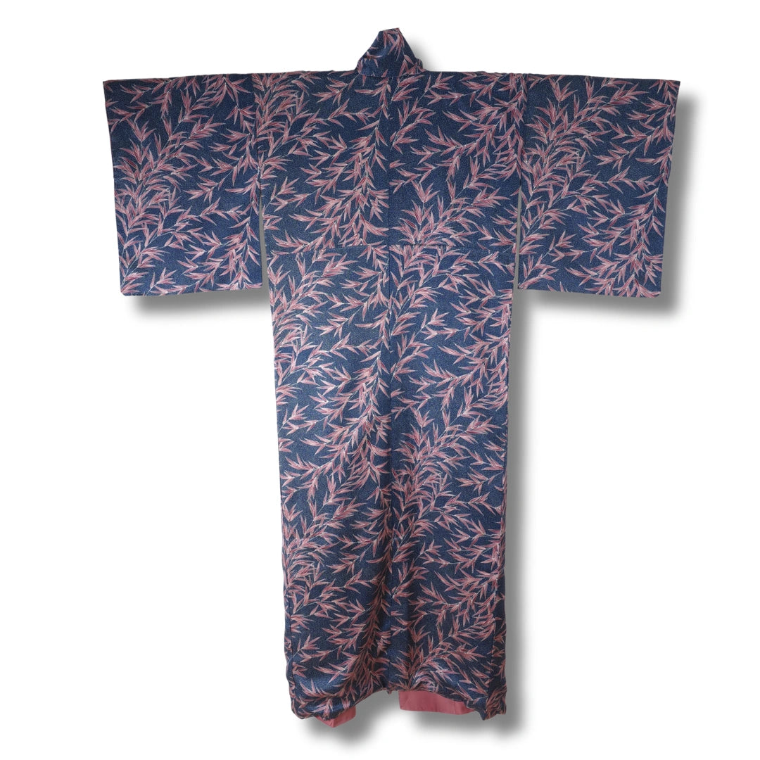Vintage Damen Komon Kimono Dunkelblau mit Blattmuster