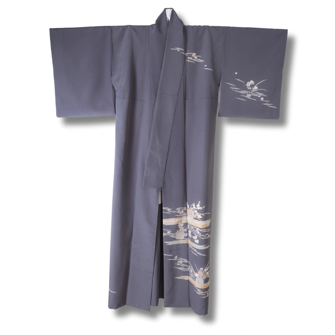 Vintage Damen Houmongi Kimono Blaugrau mit Blumen