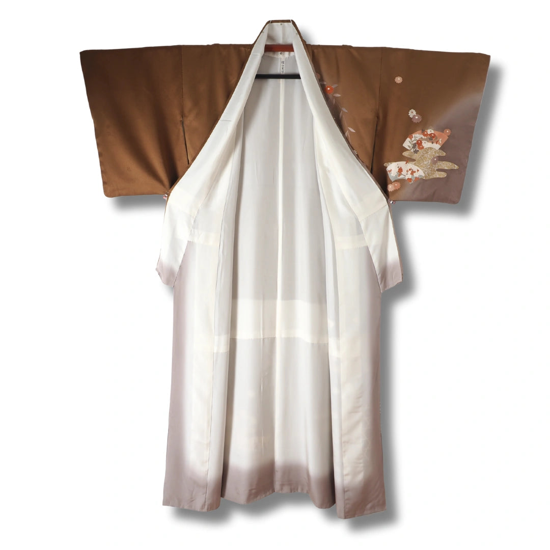 Vintage Damen Houmongi Kimono Braun mit Fächer & Blüten