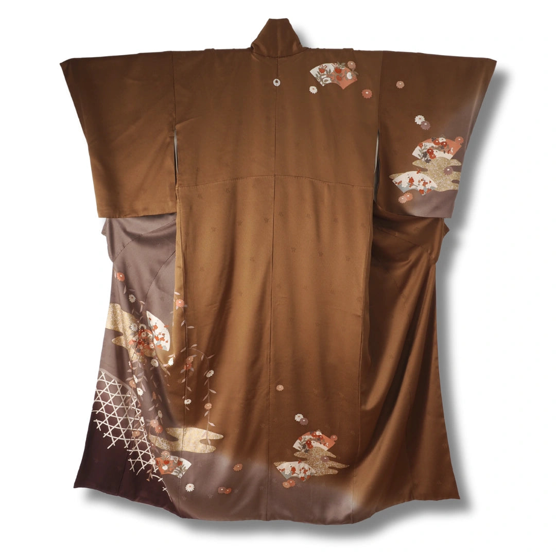 Vintage Damen Houmongi Kimono Braun mit Fächer & Blüten