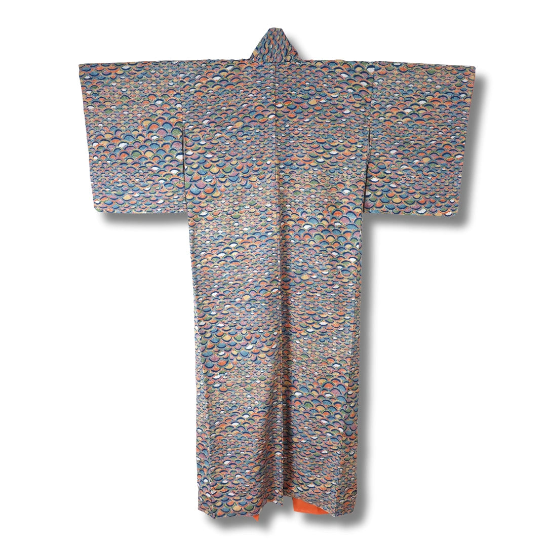 Vintage Damen Komon Kimono mit bunten Fächermuster