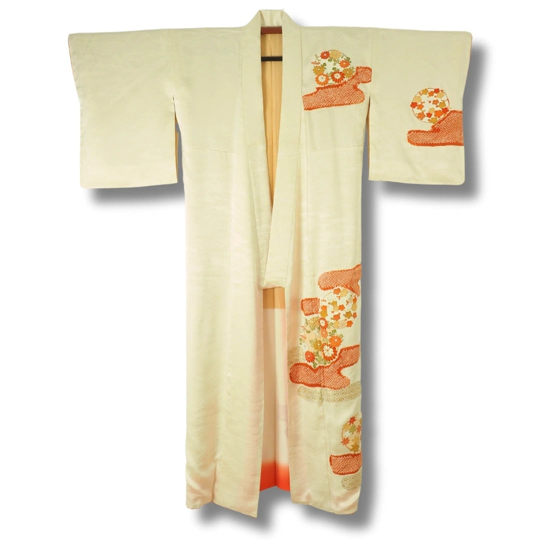 Vintage Damen Kimono Creme – Houmongi mit Blumenmotiv