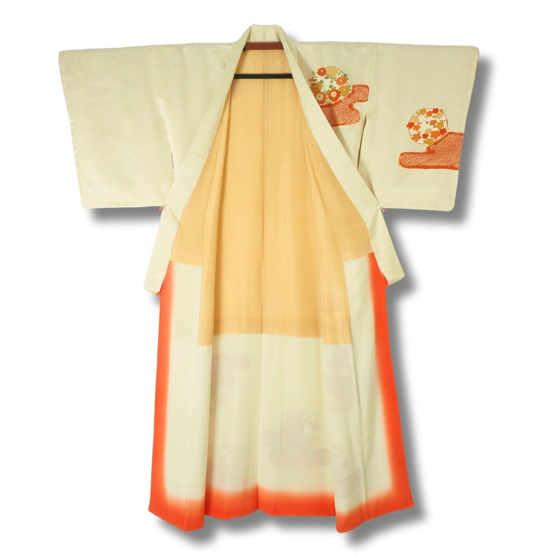 Vintage Damen Kimono Creme – Houmongi mit Blumenmotiv