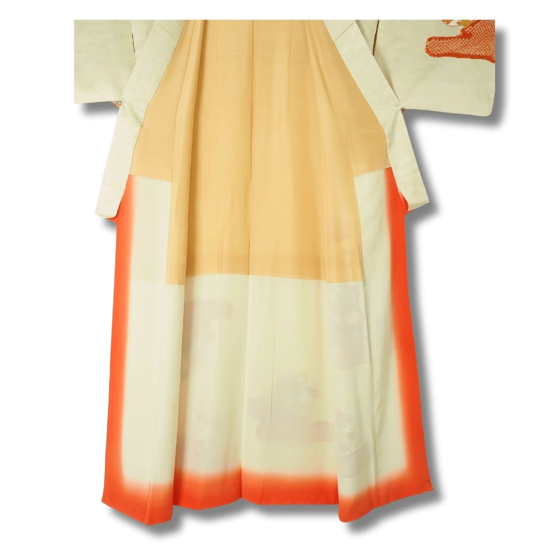 Vintage Damen Kimono Creme – Houmongi mit Blumenmotiv