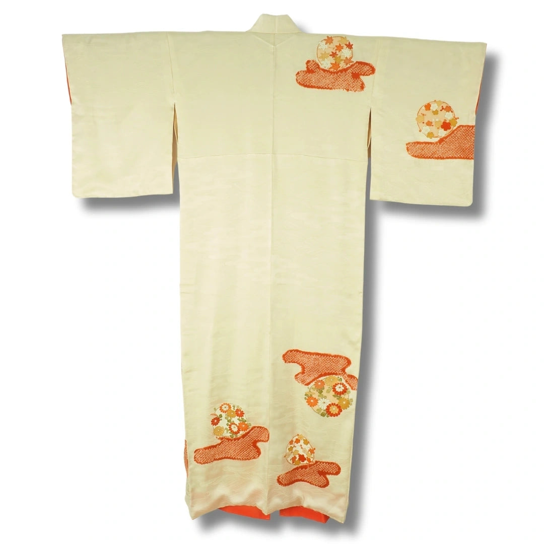 Vintage Damen Kimono Creme – Houmongi mit Blumenmotiv