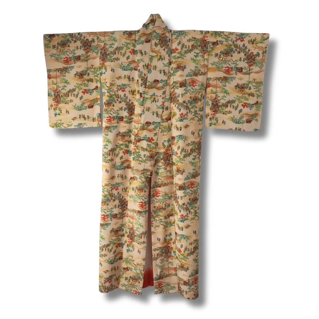 Vintage Damen Komon Kimono in Creme mit Landschafts- und Menschenmuster Vorderansicht