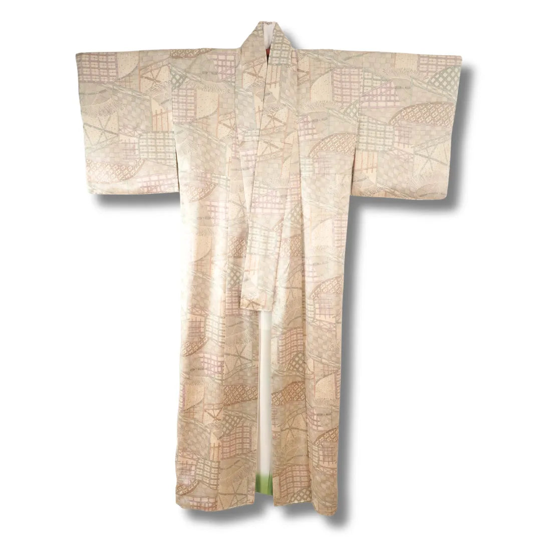 Vintage Damen Komon-Kimono – Creme mit Hellgrünem Muster